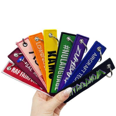 Colorful Fabric Embroidered Woven Hangtag Key Chain Label Custom Logo Fashion Keytag Jet Tag Embroidery Keychain Ring